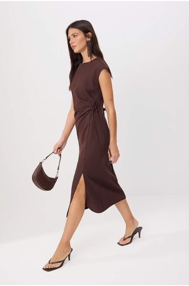 Brown Plain Midi Woven Dress