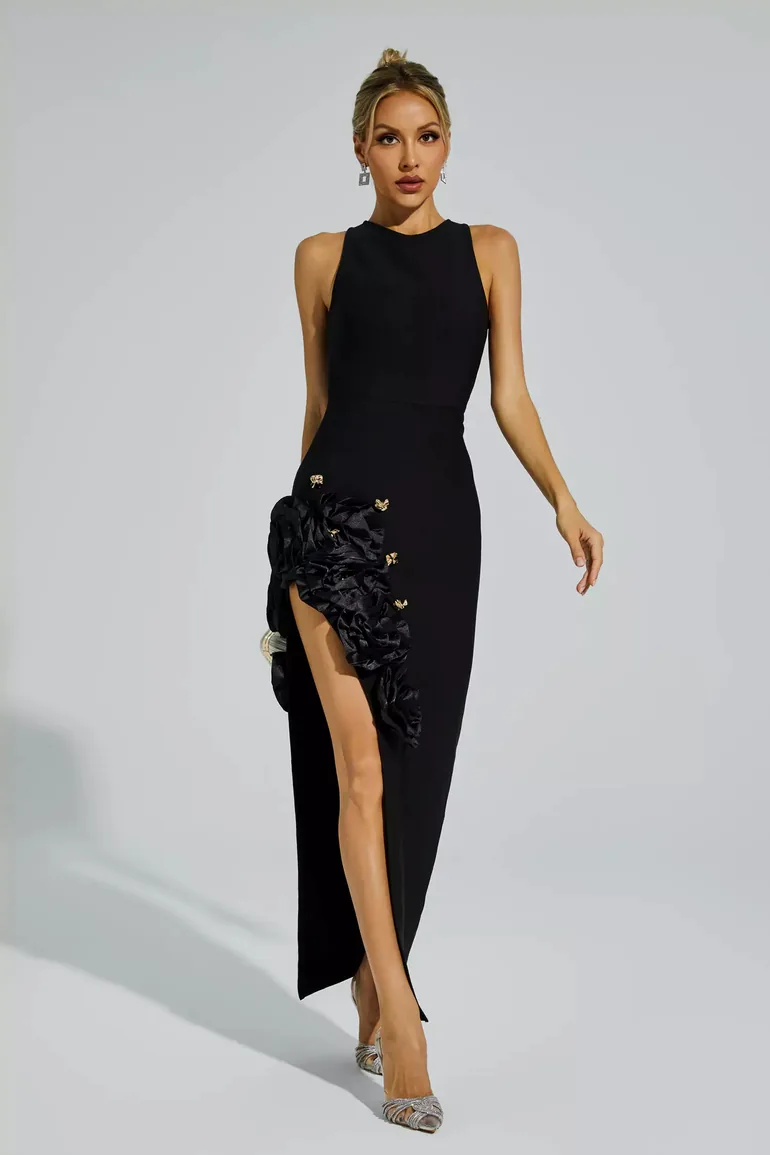 Darcy Black Rose Slit Bandage Dress - 2