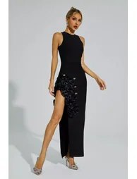 Darcy Black Rose Slit Bandage Dress