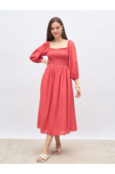 Women Red Smocked Midi Dress