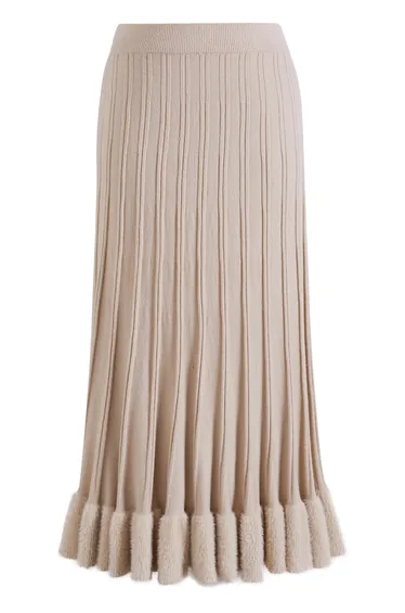 Fuzzy Ruffle Hem Ribbed Knit Maxi Skirt in Sand