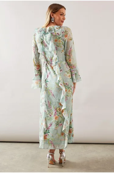 فستان ميداكسي بحزام بكشكش بطبعة أزهار 