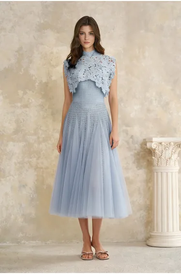 Margaret Blue Floral Crochet Midi Dress