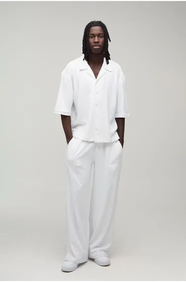 Baggy Fit Pleat Front Towelling Trouser - white