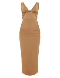 Taupe Twill Underbust Plunge Midaxi Dress - 4
