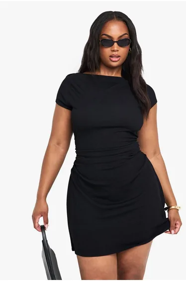 Plus Rib Cap Sleeve Ruched Mini Dress - black