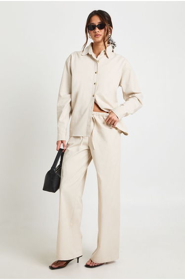 Chambray Slouchy Wide Leg Trousers - ecru