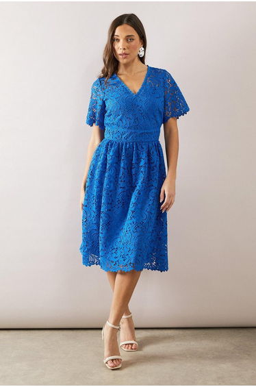 Petite Lace Puff Seam Detail Midi Dress