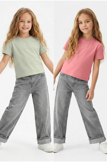 Pink-Mint 2-Pack Girls' Plain Knitted T-Shirt