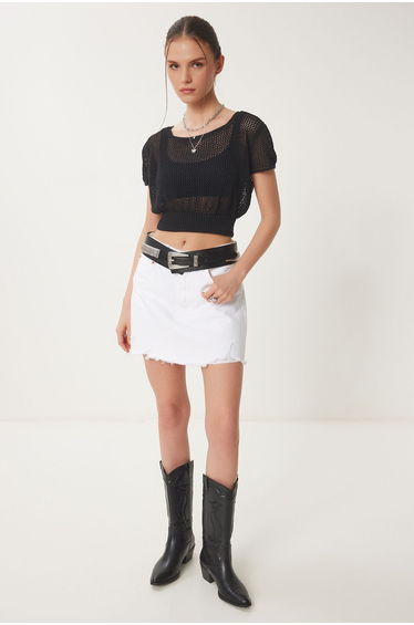 Women's Black Openwork Summer Crop Knitwear Blouse