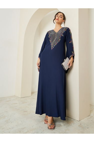 Navy Blue Embroidered A-Line Jalabiya