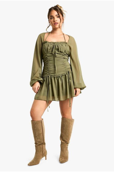 Petite Chiffon Ruched Milkmaid Skater Dress - olive