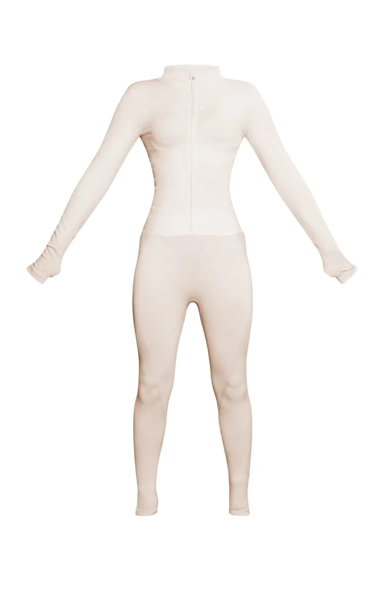 PRETTYLITTLETHING Cream Ski Seamless Rib Crop Jacket & Leggings Set - 4