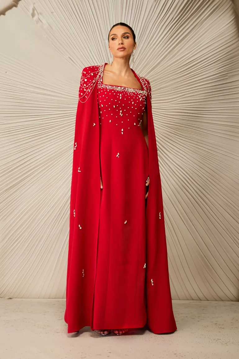 Diana Crystal Embellished Cape Sleeve Maxi Dress - 3