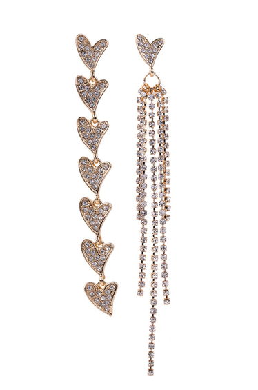Asymmetric Heart Rhinestone Tassel Dangle Earrings