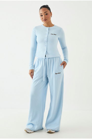 DSGN Studio Ribbed Script Embroidery Button Through Long Sleeve Top - light blue