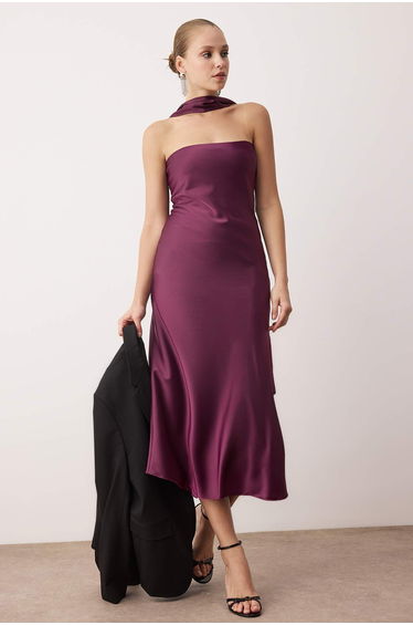 Elegant satin evening dress with plum scarf detail