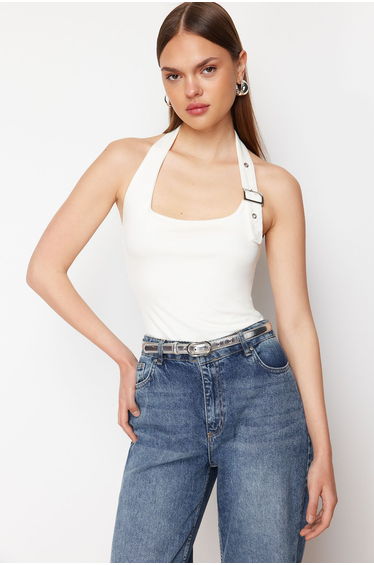 White Halterneck Belt Detailed Slim Fit Knitted Blouse