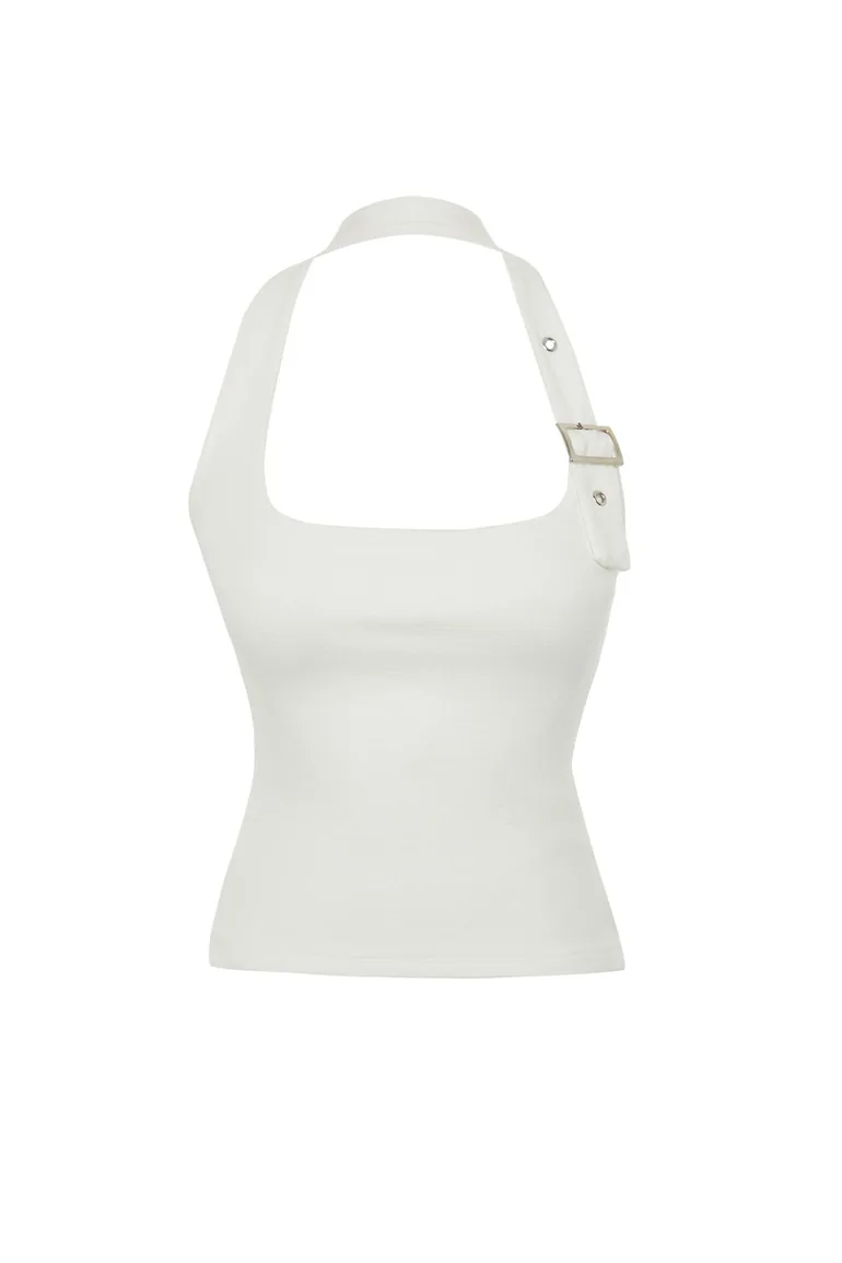 White Halterneck Belt Detailed Slim Fit Knitted Blouse - 4