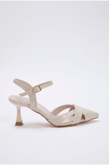 Beige Cut Out Detailed Pointed Toe Women's Classic Heeled Shoes