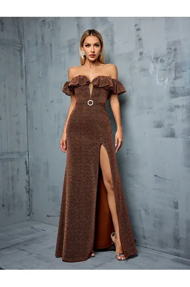 Leely Bronze Off-the-Shoulder Glitter Mermaid Prom Dress with Ruffle
