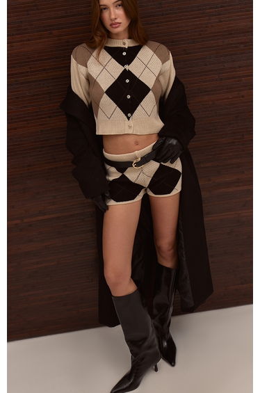 Beige Argyle Knitted Mini Shorts