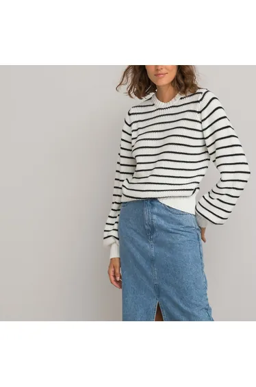 سويتر/كنزة قطن مخطط مضلع بأكمام منفوخة