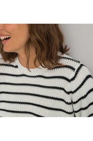 سويتر/كنزة قطن مخطط مضلع بأكمام منفوخة