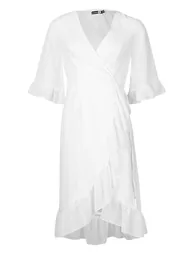 Dobby Chiffon Wide Sleeve Midi Wrap Dress - white - 2