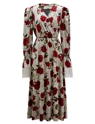 Rose Print Faux-Wrap Velvet Midi Dress - 3