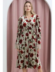 Rose Print Faux-Wrap Velvet Midi Dress - 1