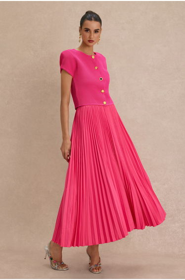 Knit Metal Button Top & Pleated Midi Skirt Set