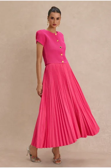 Knit Metal Button Top & Pleated Midi Skirt Set
