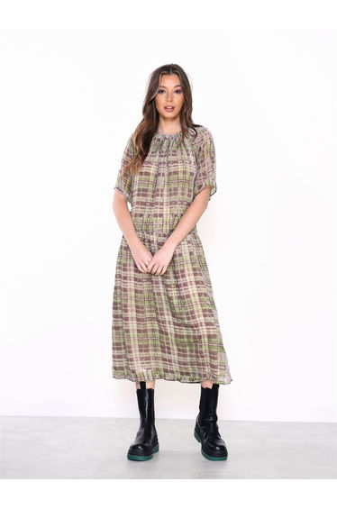 Green Devore Check High Neck Short Sleeve Midi Dress