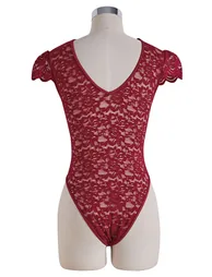 Scallop-Trim Floral Lace Bodysuit in Red for Romantic Dinners & Night-Out Plans - 8