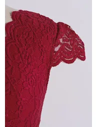 Scallop-Trim Floral Lace Bodysuit in Red for Romantic Dinners & Night-Out Plans - 4