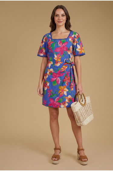 Blue Floral Lace Trim Wrap Skirt Poplin Printed Mini Dress