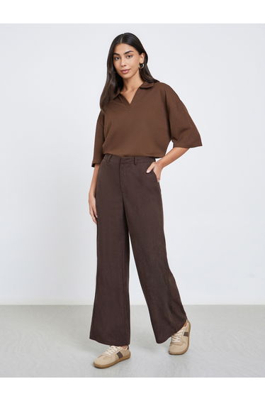 Women Brown Corduroy Flat Front Wide Leg Pants