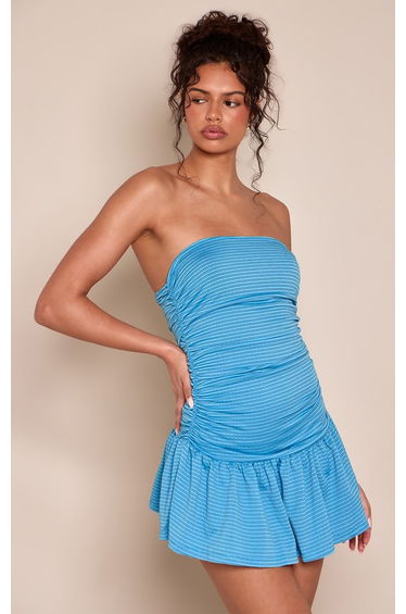 Blue Striped Bandeau Shift Mini Dress