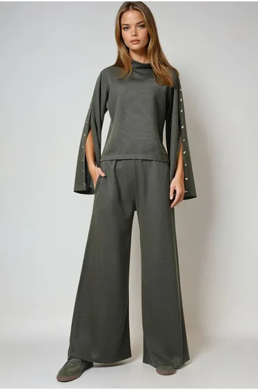 Women's khaki slit sleeve button detailed blouse and pant set