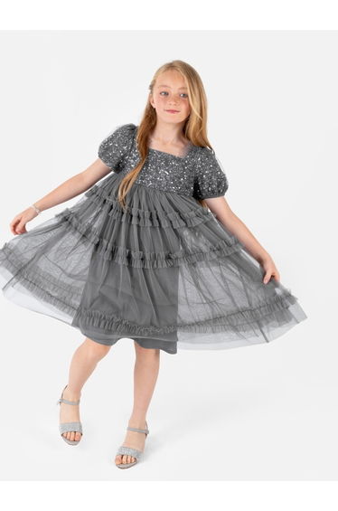 Mini Maya Charcoal Square Neck Embellished Midi Dress
