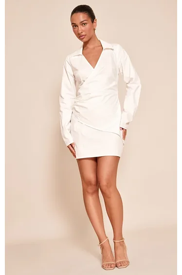 White Wrap Detail Long Sleeve Shirt Dress