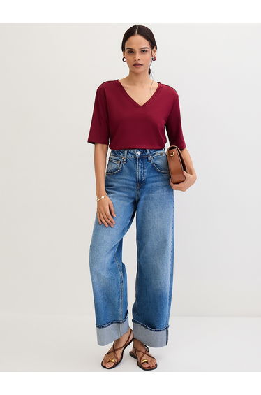 Maroon V Neck Basic T-Shirt