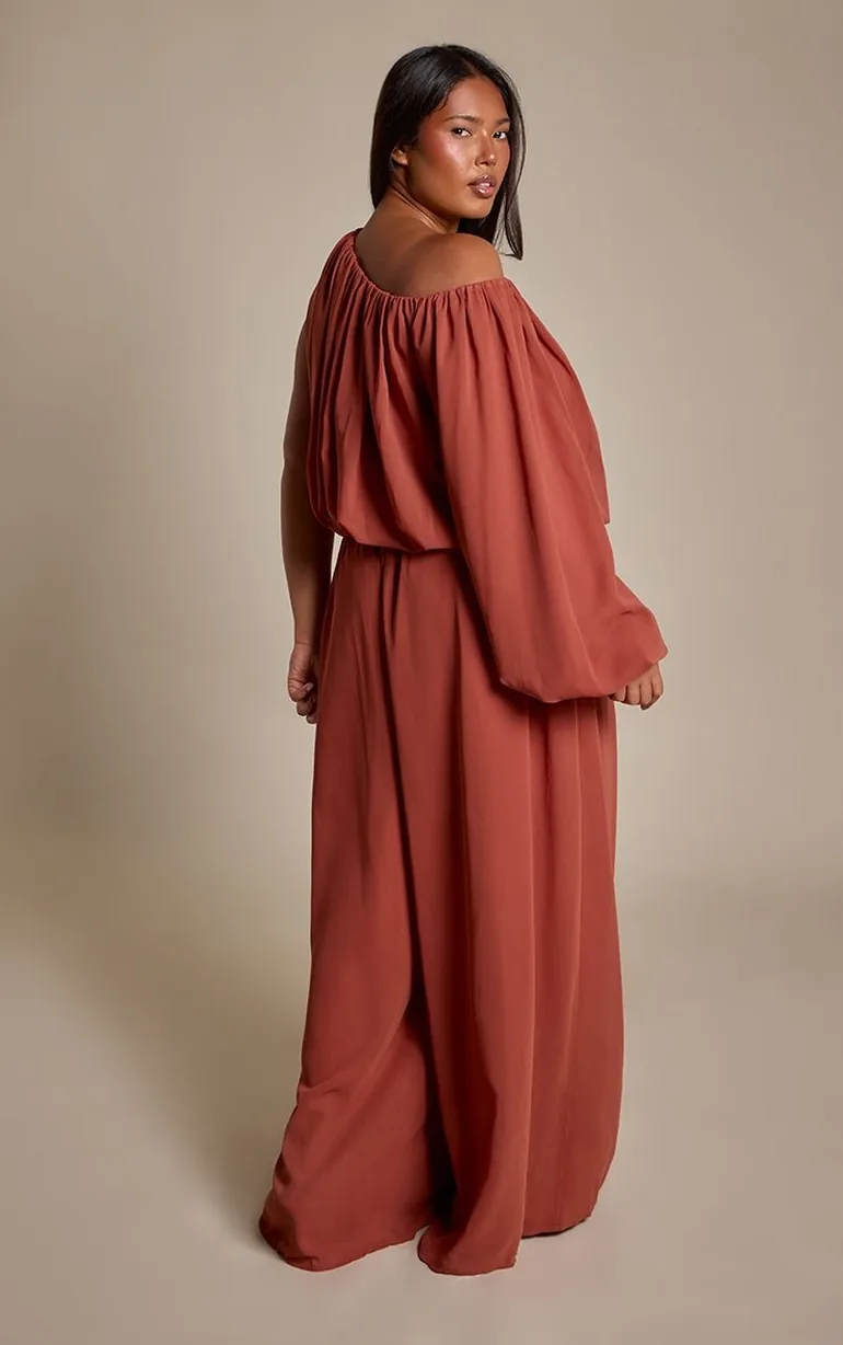 Plus Rust Chiffon One Shoulder Ruched Puff Wide Leg Jumpsuit - 1