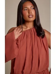 Plus Rust Chiffon One Shoulder Ruched Puff Wide Leg Jumpsuit - 3