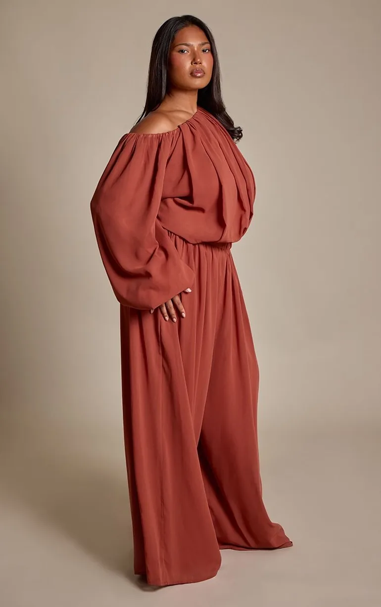 Plus Rust Chiffon One Shoulder Ruched Puff Wide Leg Jumpsuit - 2