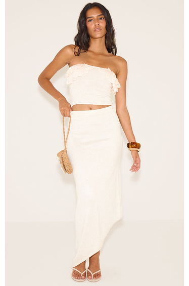 Oatmeal Fine Knit Asymmetric Hem Maxi Skirt