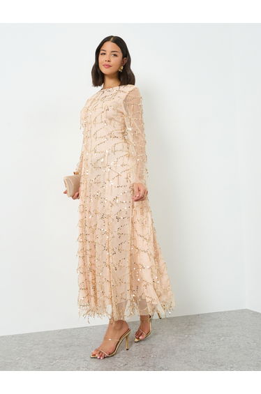 Beige Sequin Maxi Dress with Long Sleeves