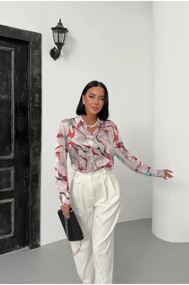 قميص ستان زهري بأكمام طويلة