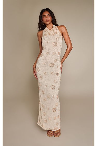 Cream Sequin Halter Neck Maxi Dress